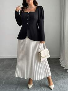 Elenzga 2pcs/Set Plus Size Solid Color Button Front Long Sleeve Blouse And A-Line Skirt Fall Cloth For Women - Black and White - View 3