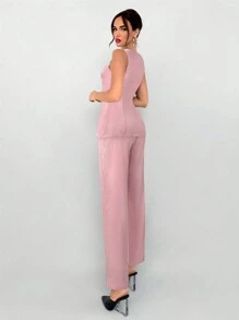 Aloruh Bộ đồ đi làm mùa thu/đông cho nữ - Áo khoác kaki cổ thuyền có túi giả và quần âu 2 món - Hồng - Xem 3