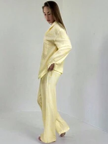 Aloruh Bộ quần áo và áo sơ mi in sọc đỏ trắng mới, phù hợp mặc trong nhà và ngoài trời - Màu vàng - Xem 2