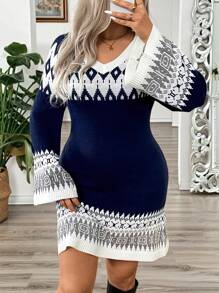 Calvaya Plus Size Retro Vibe Color Block V-Neck Jacquard Knit Sweater Dress Fall Winter Cloth For Women - Multicolor - View 1