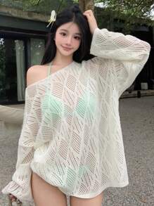 DAZY Damski luźny sweter z długimi rękawami i odsłoniętymi ramionami, lekki, na wiosnę i jesień