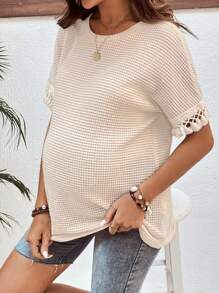 SHEIN Mutterschafts-T-Shirt mit einfarbigem rundem Kragen, Fledermausärmeln, Patchwork, Quastenbündchen und loser Passform - Khaki - Übersicht 1