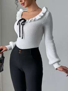 Chiquease Suéter de mujer elegante y versátil con volantes y moño, de estilo simple y a la moda - Blanco - Ver 6