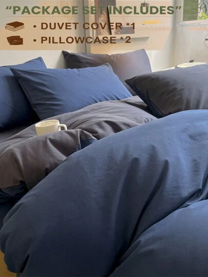 3pcs Set Of Blue And Gray Ultra Soft College Dormitory Bedding Set - 1 Duvet Cover, 2 Pillowcases (No Filling), Machine Washable