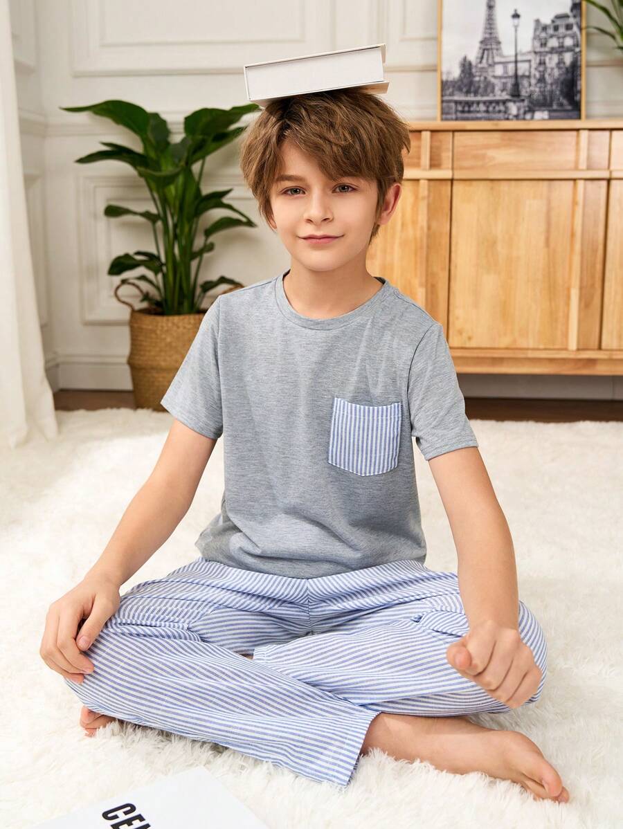 SHEIN Tween Boy Casual Simple Stripe Pattern Round Neck Pocket Tee & Pants 2 Pieces Sleepwear Lounge Set - Grey - View 1