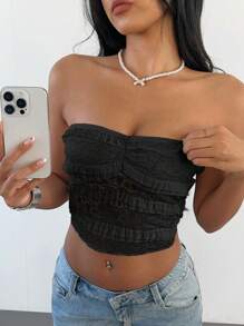 Aloruh Women's New Solid Color Elegant Romantic Lace Bow Ruffle Shirred Bust Cropped Bandeau Top - Black - View 5