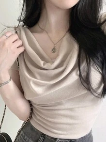 DAZY 纯色修身短袖围脖领 T 恤夏季 - 杏色 - 查看 3