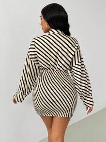 Zolique 女士春夏条纹简约时尚日常休闲侧长袖衬衫裙