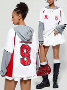 SHEIN EZwear Tween Girls Y2K 情侣装同款数字图案足球卫衣 - 白色 - 查看 3