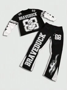 ROMWE MEN Prep Men 2 Pieces Set (T-Shirt + Pants), Minimalist Casual Outfit For Daily Wear - Black and White - View 1