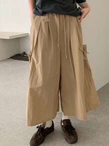 DAZY Quần ống rộng cạp chun siêu rộng cho nữ, quần short Bermuda, mọi mùa - Màu Khaki - Xem 5