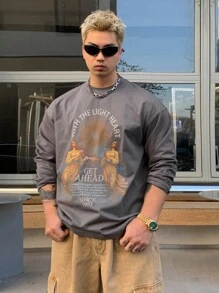 DAZY 春季复古人物和字母印花灰色刺绣男士 T 恤、图案 T 恤秋冬 - 灰色 - 查看 5