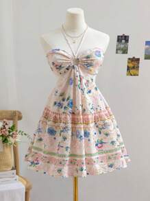 Soleia 春季女士腰部镂空刺绣花卉印花沙滩吊带裙 - 彩色 - 查看 6