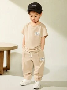 2 件套休闲百搭短袖 T 恤和长裤套装，适合年轻男孩，适合外出、上学、日常聚会、春夏季 - 杏色 - 查看 6