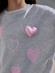 2pcs/Set Young Girls Fashion Digital Pink Heart Print Hoodie With 3D Heart Decor & Pleated Mini Skirt, Spring/Autumn