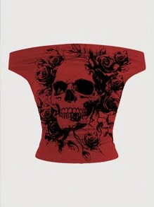 INAWLY 女士骷髅印花露肩上衣，朋克风格