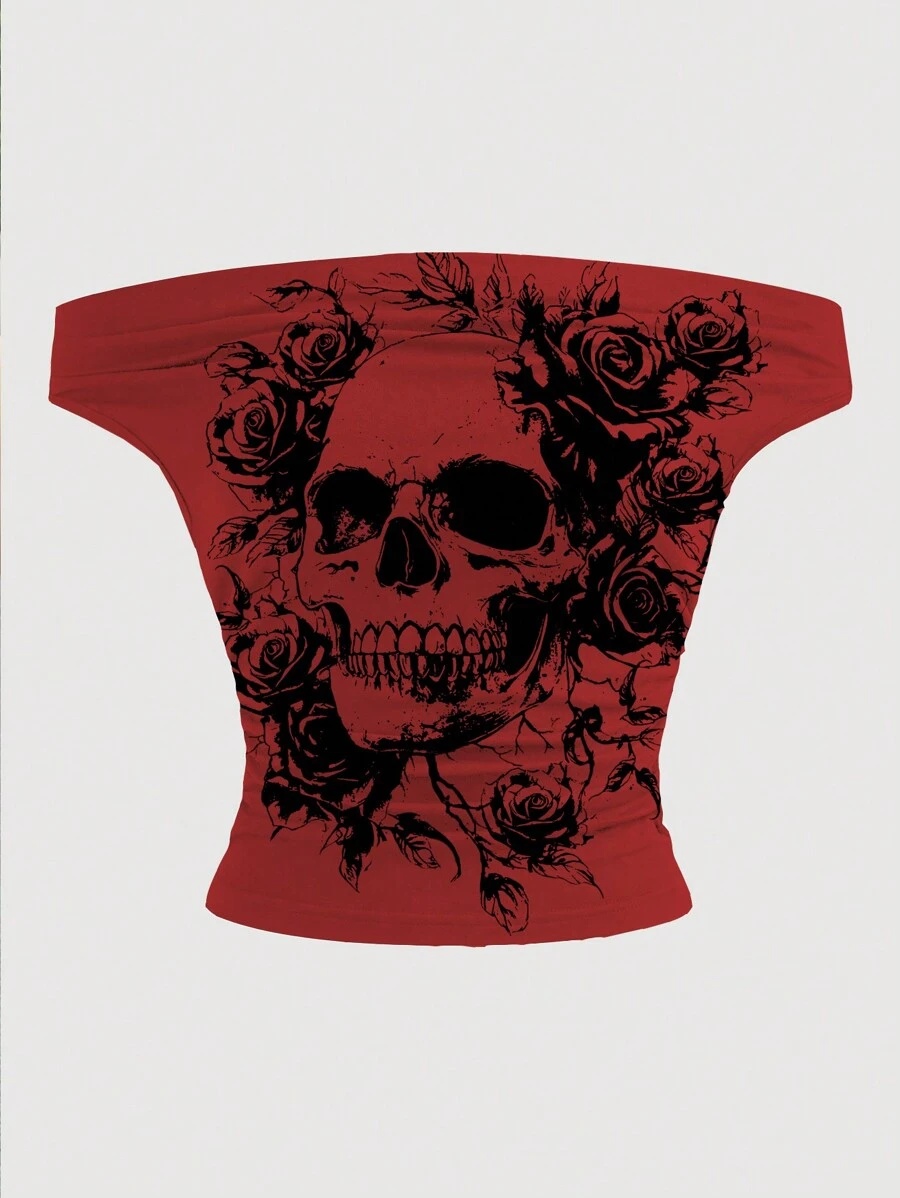 INAWLY 女士骷髅印花露肩上衣，朋克风格