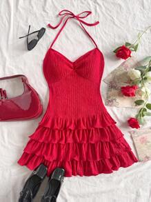 Soleia Vestido corto con volantes en el escote y el bajo, estilo romántico, ideal para vacaciones, Navidad, Año Nuevo, citas del Día de San Valentín