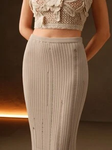 Anewsta Váy dệt kim thiết kế sọc trong suốt thanh lịch, trang phục mùa xuân cho phụ nữ lễ hội và đi chơi - Màu be - Xem 2