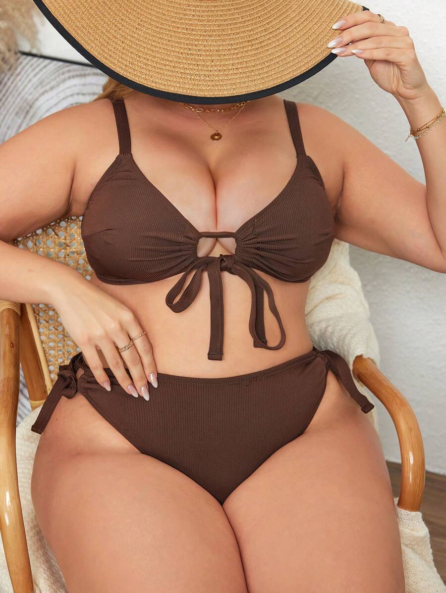 Swim Lushoire Summer Plus Size Adjustable Bra Cup & Shoulder Strap Casual Vacation Bikini Set - Brown - View 1