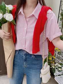 DAZY 女士蝴蝶结刺绣翻领宽松短袖衬衫，春夏