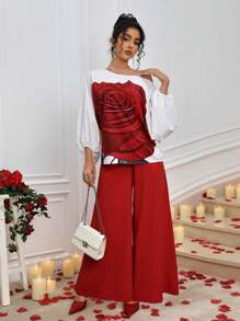 Allurite Vrouwen Elegante Bloemen Lantaarn Mouw Schouder Top En Effen Kleur Broek 2-delig Pak