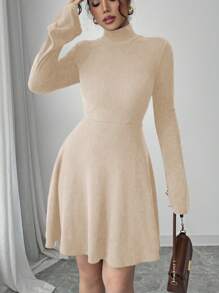 Elenzga 女士秋冬时尚休闲中长连衣裙，二合一，仿衬衫领，前半纽扣，口袋，拼色袖子，下摆拼接，杏色和白色 - 杏色 - 查看 4