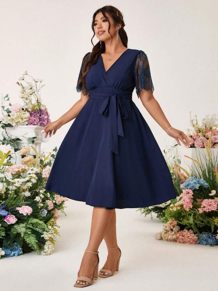 navy lace bell sleeve dress Elegant Navy Blue Maxi Dress With Bell Sleeves And Lace Detailing For  Wedding Guest #J1924