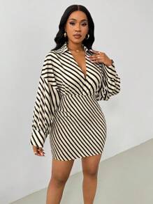 Zolique 女士春夏条纹简约时尚日常休闲侧长袖衬衫裙