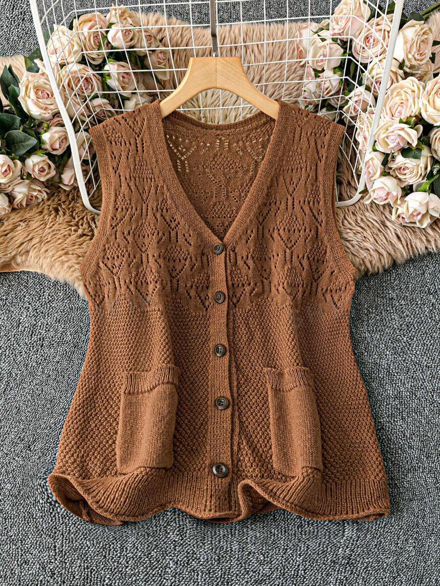 SHEIN LUNE Blusa de punto con escote en V, abertura y bolsillos para mujer de talla grande, para primavera y otoño