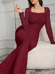 Modelyn 女士优雅白色蕾丝修身长裙长款晚礼服 - 酒紅色 - 查看 4