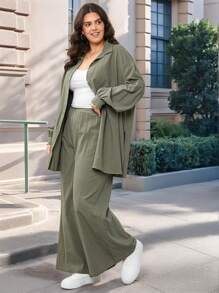SHEIN LUNE Plus Size Solid Color Button Up Long Sleeve Top And Pants 2 Pieces Set, Casual - Green - View 2
