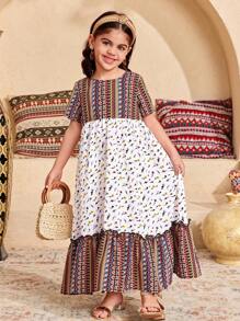 SHEIN Rochie cu mânecă scurtă pentru fată tânără, lejeră, lejeră, minimalistă, confortabilă, cu gât rotund, model mozaic