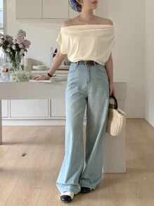 DAZY Women's Pleated Off-Shoulder Solid Color Casual Short Sleeve T-Shirt,Off Shoulder Top - White - View 5