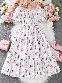 1pc Tween Girl Floral Print Pastoral Style V-Neck Dress, Spring/Summer - White - View 2