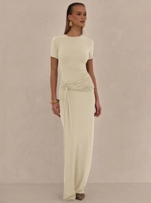 MUSERA Draped Front Ruched Maxi Dress Spring Vacation Pastel Summer Graduation, Prom, Elegant Ibiza Wedding Guest Holiday Beach Night Out