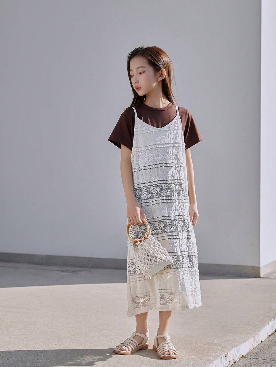 2pcs/Set Girls Solid Short Sleeve Dress With Lace Camisole Dress, Summer Set - Khaki - View 1