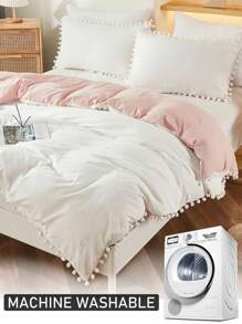 Juego de ropa de cama de 2/3 piezas con funda nórdica de color rosa y blanco con borlas de pompones, juego de ropa de cama de unicolor moderno y lindo para todas las estaciones, juego de ropa de cama para dormitorios universitarios, suave y transpirable (1 funda nórdica + 1/2 fundas de almohada, sin relleno)