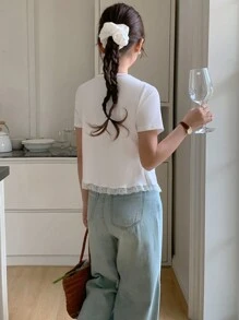 DAZY Women's 2 In 1 Lace Splice Round Neck Short Sleeve T-Shirt - White - View 2