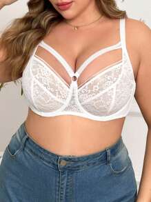 1pc Plus Size Contrast Lace Push-Up Wire Bra Lingerie - White - View 5