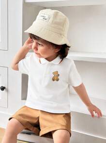 SHEIN 2pcs/Set Cute Cartoon Bear Print Lapel Short Sleeve Polo T-Shirt And Solid Color Shorts For Baby Boy And Baby Girl, Casual Outfit For Spring And Summer Indoor And Outdoor Wear - Khaki - View 4