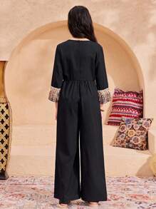 SHEIN Tween Girls' Loose Casual Solid Color Patchwork Pattern Tassels Decor Jumpsuit - Black - View 2