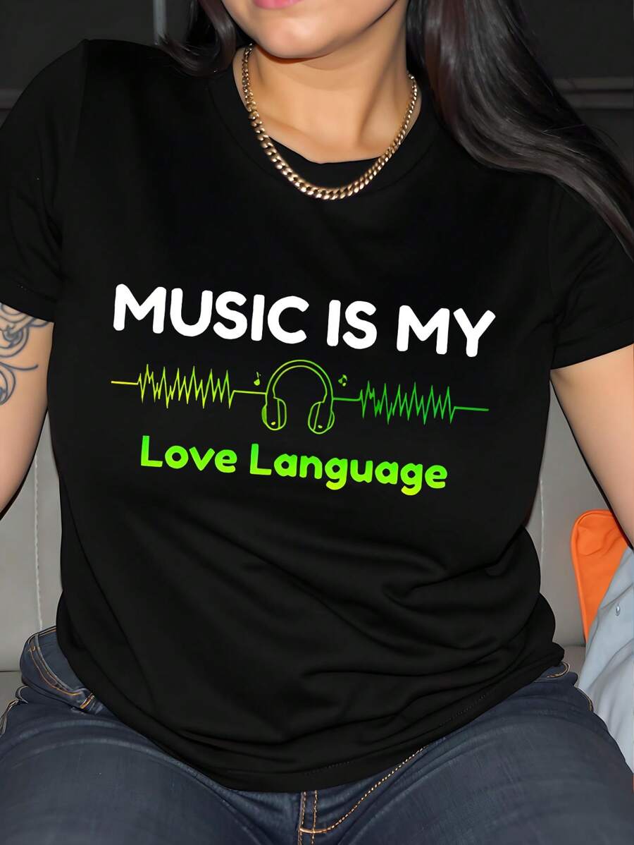 SHEIN LUNE 字母和耳机印花短袖 T 恤 MUSIC IS MY Love Language 图案 T 恤 女式上衣