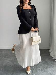 Elenzga 2pcs/Set Plus Size Solid Color Button Front Long Sleeve Blouse And A-Line Skirt Fall Cloth For Women - Black and White - View 5