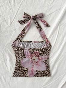 Soleia Women's Halter Tie-Up Side Ruched Leopard Floral Print Cami Top, Suitable For Vacation - Multicolor - View 2