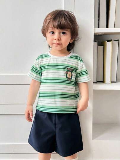 SHEIN 2pcs/Set Baby Boy/Girl Casual Cute Loose Dolman Sleeve Stripe Knit T-Shirt And Shorts Set, Spring/Summer Outfit For Indoor & Outdoor