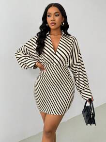 Zolique 女士春夏条纹简约时尚日常休闲侧长袖衬衫裙