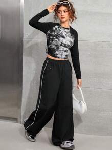 Girlism 2 Pieces Set For Teen Girls Black And White Autumn Streetwear Holiday Casual English Text Tie Dye Bow Decor T-Shirt & Chic Utility Cargo Pants - Multicolor - View 2
