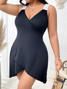 Swim Vcay Plus Size Women Contrast Lace Sexy Black Cover Up Dress Summer