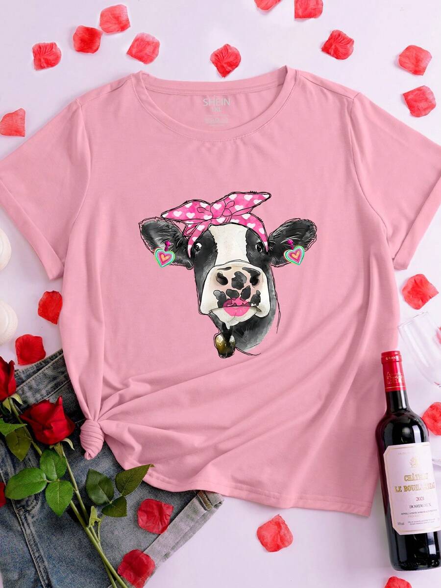 SHEIN LUNE Plus Size Damskie Topy Krowy Mleczne Nadrukowany Grafika Krótki Rękaw Casualowy T-shirt z Okrągłym Dekoltem, Walentynki